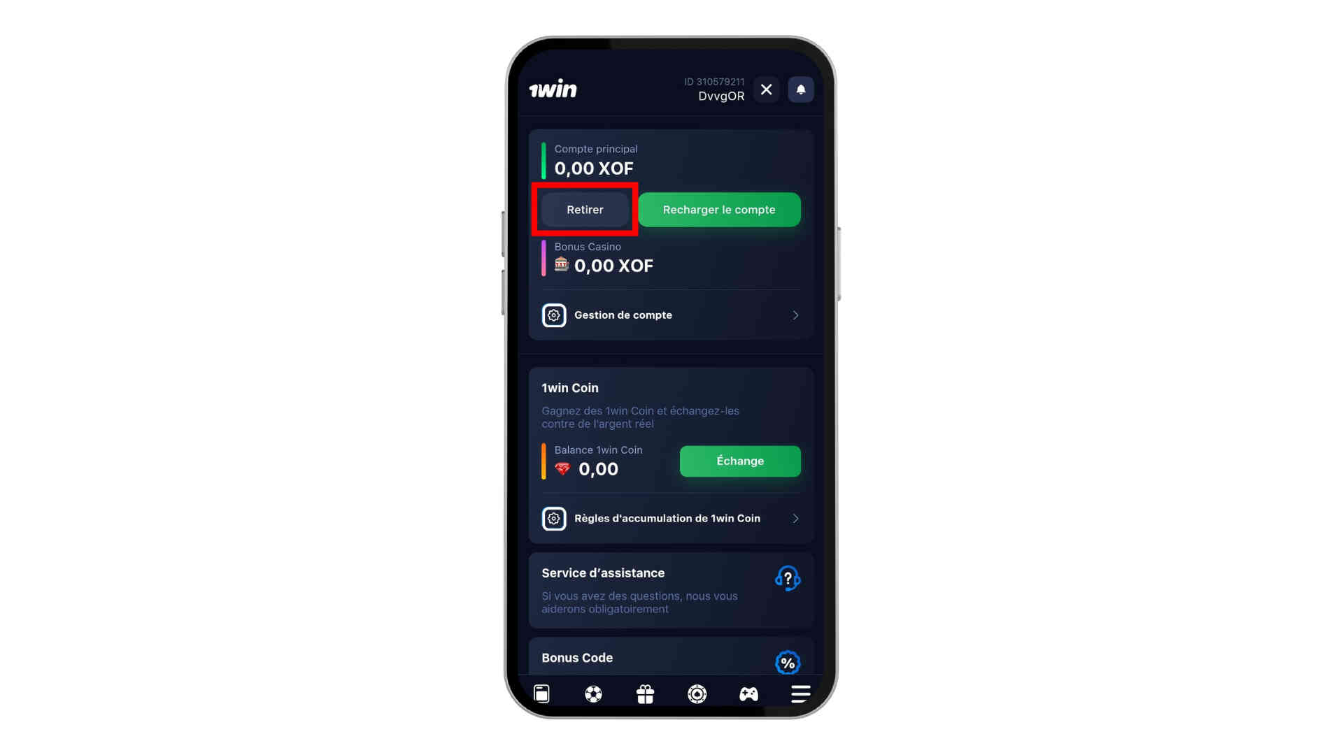 comment faire un retrait sur 1win Burkina avec Wave - sélectionnez l'option de retrait